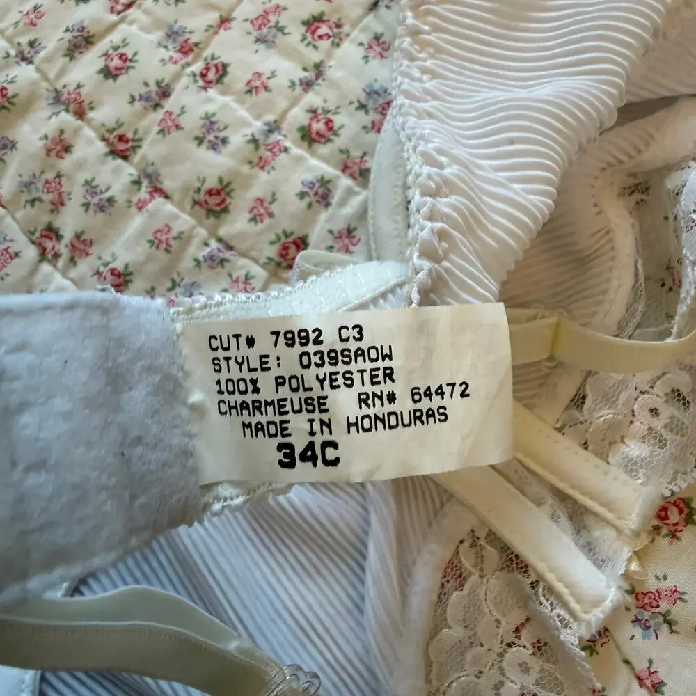 Vintage White Sheer Lace Underwire Balconette Bra Lingerie Sz 34C